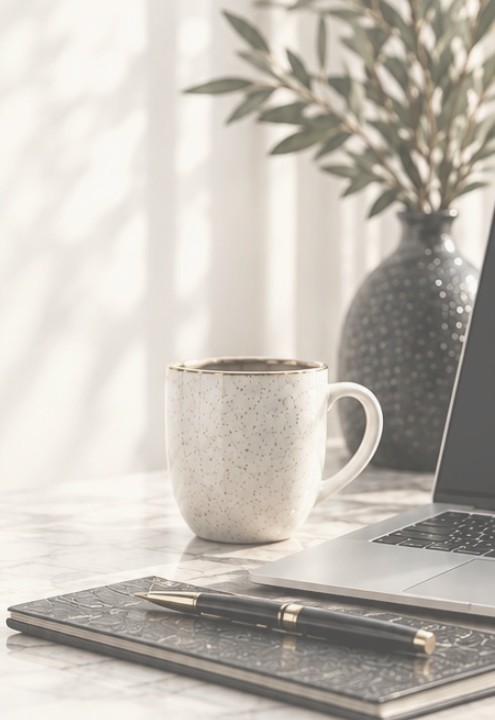 A tidy desk with a ceramic coffee mug, notebook, pen and laptop in soft morning light